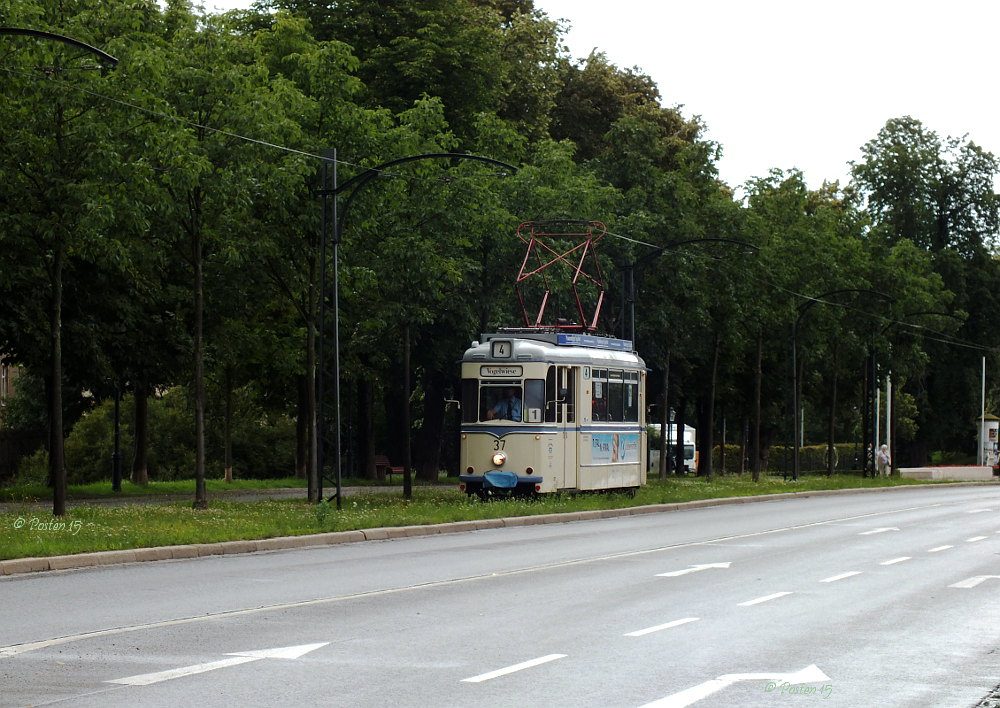 Wagen 37 der Naumburger Straenbahn im Linienbetrieb kurz vor der Endstation Vogelwiese am 12.07.2012.